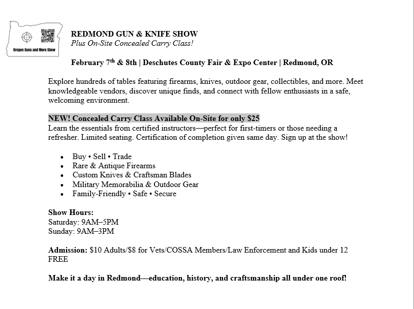 Oregon Guns and More Redmond Gun & Knife Show Flyer